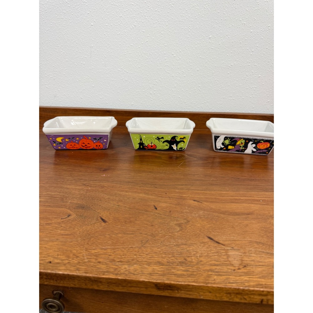Halloween Mini Loaf Pan Set 3 Ceramic Ramekins Pumpkin Witch Ghost Spooky Decor